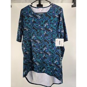 LuLaRoe Irma Tunic Top XS Blue Teal Geometric Dot Mosaic High Low New With Tags